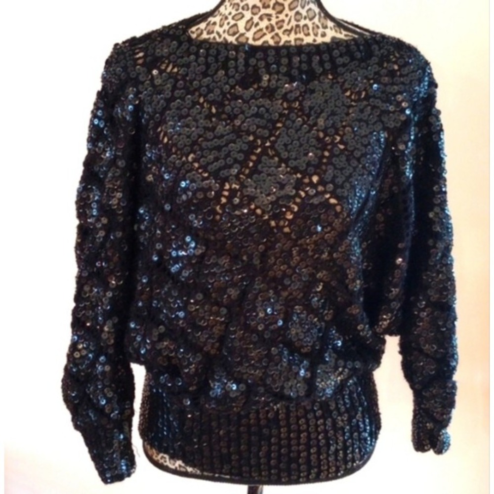 VTG Siren Sequined Boutique Bat Wing Party Sweater Size:M Color:Black on Black